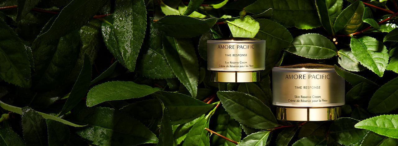 time response cream and time response eye cream with tea leaves bacgkround